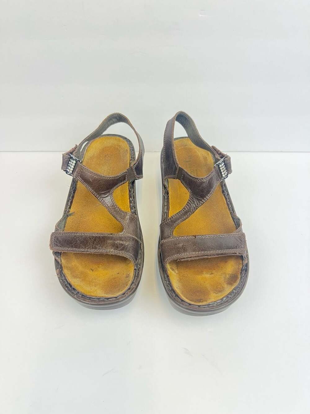 Naot Fado Brown Leather Slingback Wedge Sandals with Rhinestone Buckle Sz 8.5